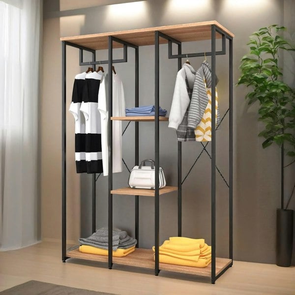 Rafaelo Mobilia Industrial Metal Open Wardrobe With Wooden Shelves