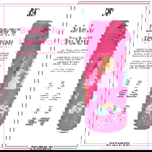 A pink stainless steel water bottle, featuring a princess design, sits against a white background. The bottle is described as carbon neutral, fully recyclable, odour resistant, and dishwasher safe.