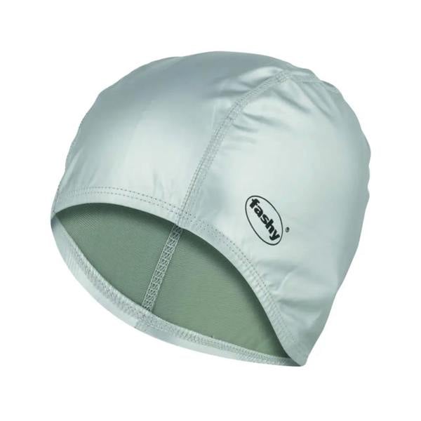 Shiny silver Fashy Lycra swim cap with elastic band