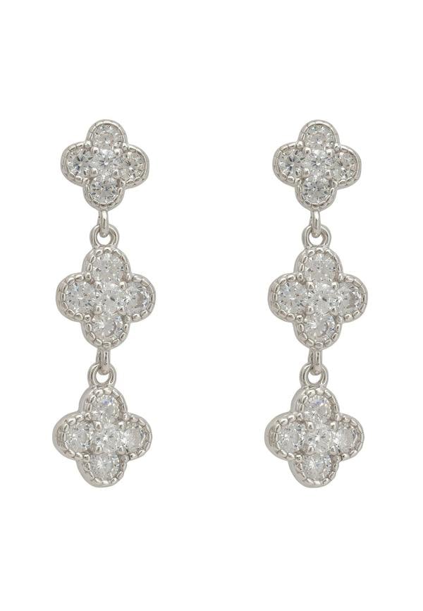 Pair of silver earrings with clover-shaped designs on a white background