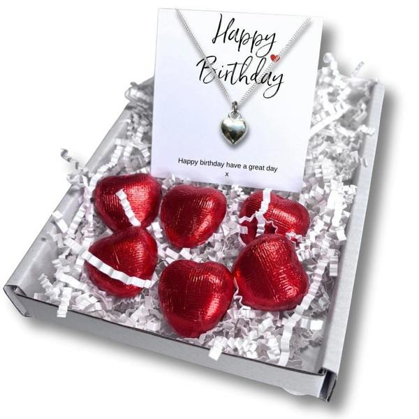 Aye Do Gifts Happy Birthday Gift Box, Silver Heart Necklace & Chocolate Treats