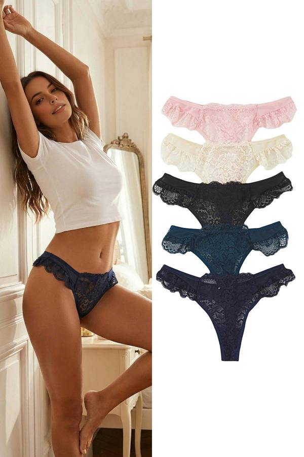 WOVCOR 5-Pack Tulle Lace Detail Thong Knitted Panties