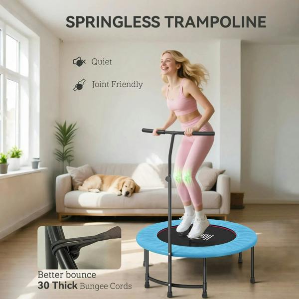 Blue springless mini trampoline with tall handle for indoor workouts