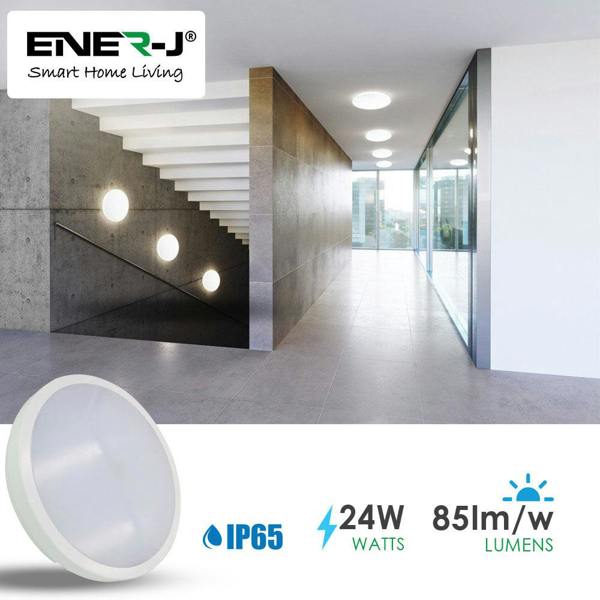 ENER-J 24W LED Bulkhead Ceiling Light IP65 Waterproof, 2000 Lumens, 4000K Cool White, Round Ceiling Light for Bathroom, Kitchen, Hallway & Porch