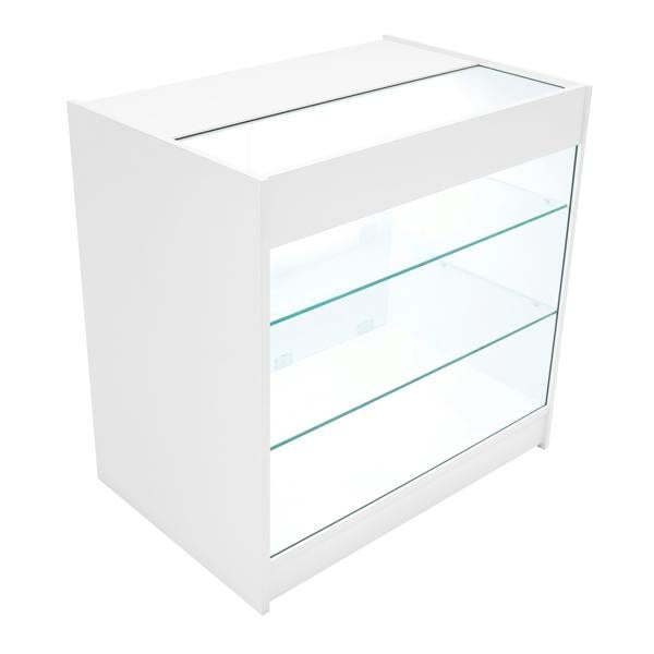White Hyperion LED shop counter set featuring a sleek design, glass shelves, and a modern finish, ideal for retail displays