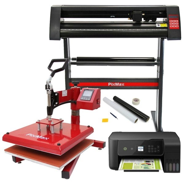 PixMax 38cm Swing Heat Press in red, vinyl cutter, printer, and weeding pack, showcasing vibrant colors and professional design
