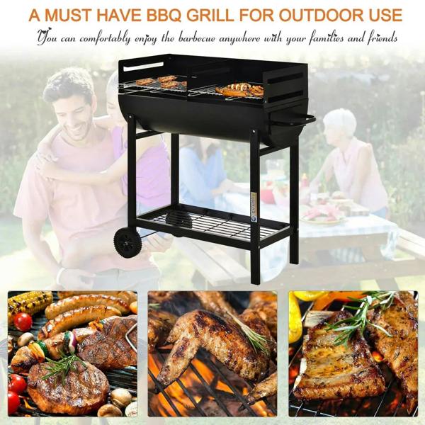 Black charcoal BBQ grill for outdoor use with two cooking grates and cart base
