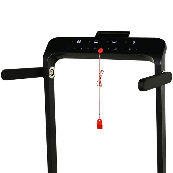 Black folding treadmill front view with LED control panel and safety key area