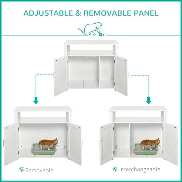 White wooden cat litter box enclosure with adjustable/removable interior panel