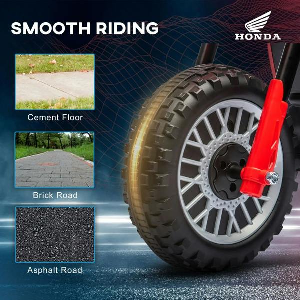 Front wheel of red three-wheel kids electric motorbike with deep tread tire