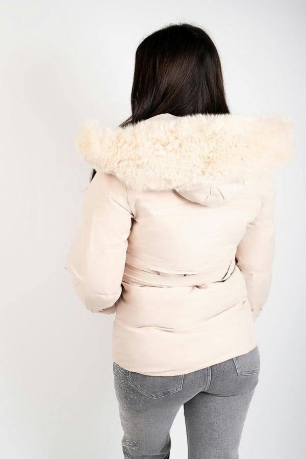 Serelina Belted Puffer Jacket With Faux Fur Hood - Beige