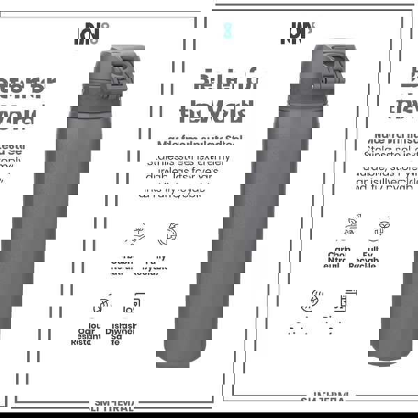 A dark gray insulated steel water bottle stands against a white background. The bottle is described as durable, recyclable, carbon neutral, odor resistant, and dishwasher safe.