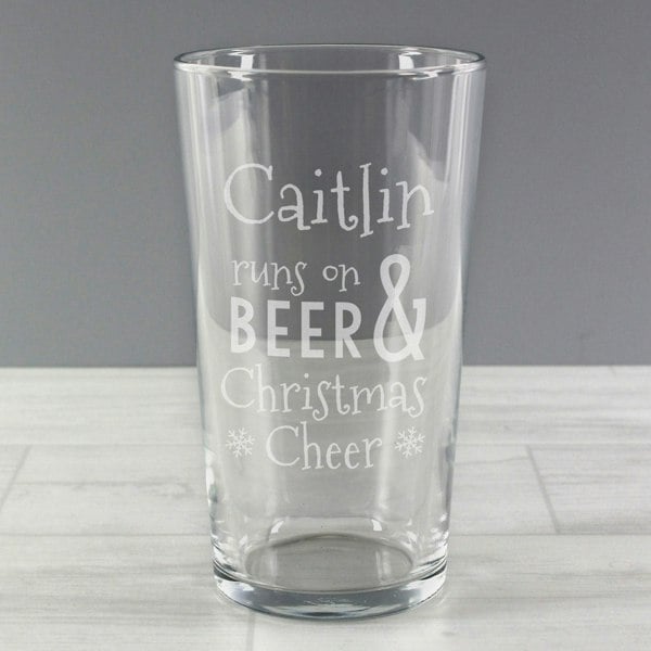 Personalised Memento Company Personalised Runs On Beer & Christmas Cheer Pint Glass