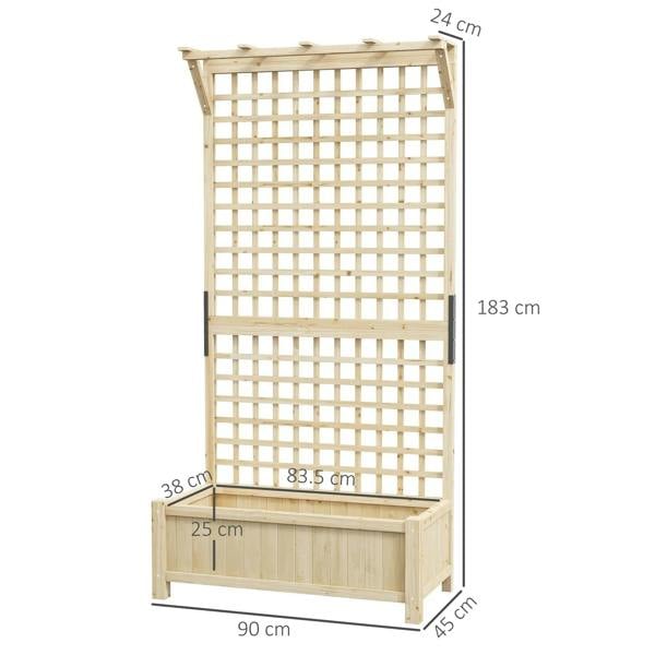 Natural wood raised planter with trellis frame, labeled height and width dimensions