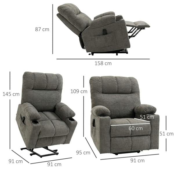 Grey power lift recliner chair showing dimensions in multiple reclining angles