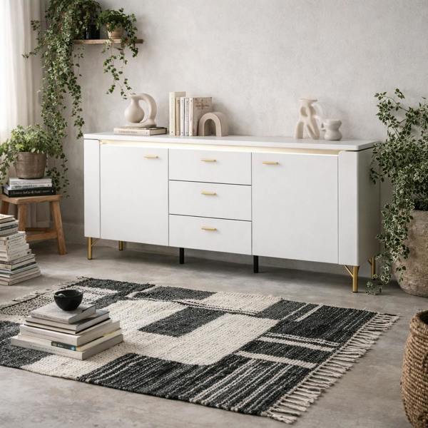 Wyld Haus Maribo White TV Cabinet 2 Door 3 Drawer Gloss Gold Metal Legs