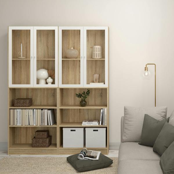Furniture To Go Basic Tall Wide Display Cabinet in Oak (4 Shelves) with 2 Glass White Doors
