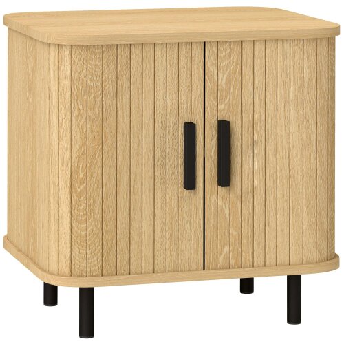 Wyld Haus Ritava Natural Oak Tambour Bedside Table 2 Sliding Doors Black Metal Legs