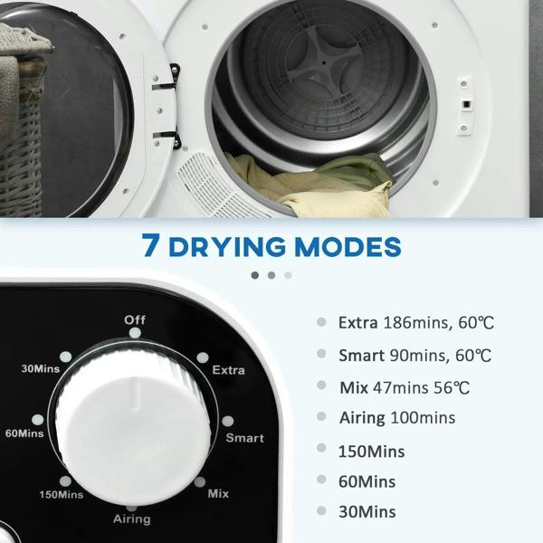 Front control dial and open drum window on white countertop tumble dryer