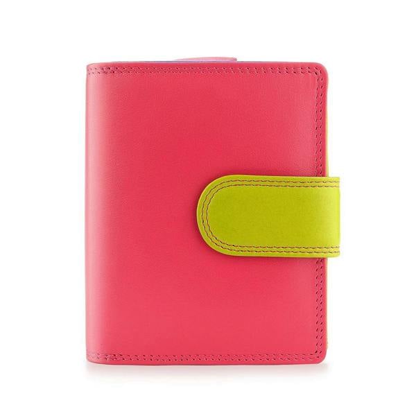 Pink wallet with a yellow strap on a white background