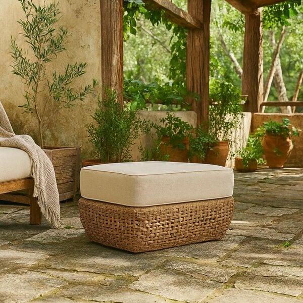 Wyld Haus Sardinia Outdoor Natural Wicker Footstool Cream Cushion