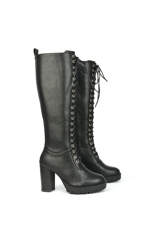 XY LONDON Knee High Block Heel Lace Up Platform Boots
