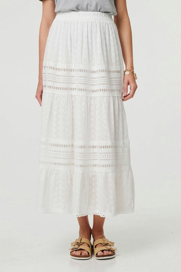 White | Lace Trim High Waist Tiered Maxi Skirt
