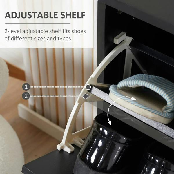 Adjustable shelf inside black shoe cabinet with flip door open and shoe storage