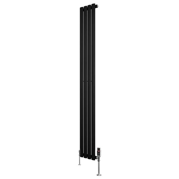Sleek black oval single column radiator with a modern design, measuring 1800mm x 240mm, featuring stylish valves at the base