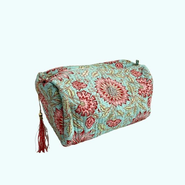 Hayley & Co Blue and Pink Floral Block Print Cotton Washbag, Make Up Bag, Pencil Case with Waterproof Lining - Pink Sunflower Print