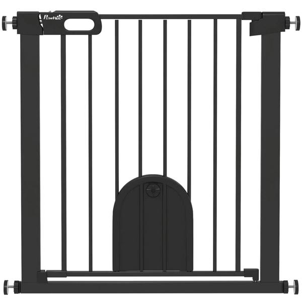 Black pet safety gate with vertical bars and built-in cat flap door