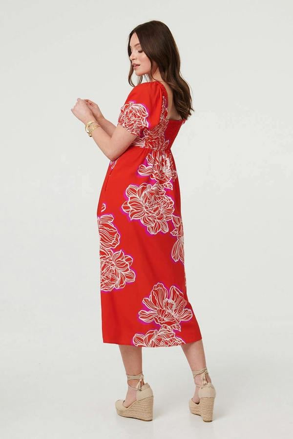 Red | Floral Puff Sleeve A-Line Midi Dress