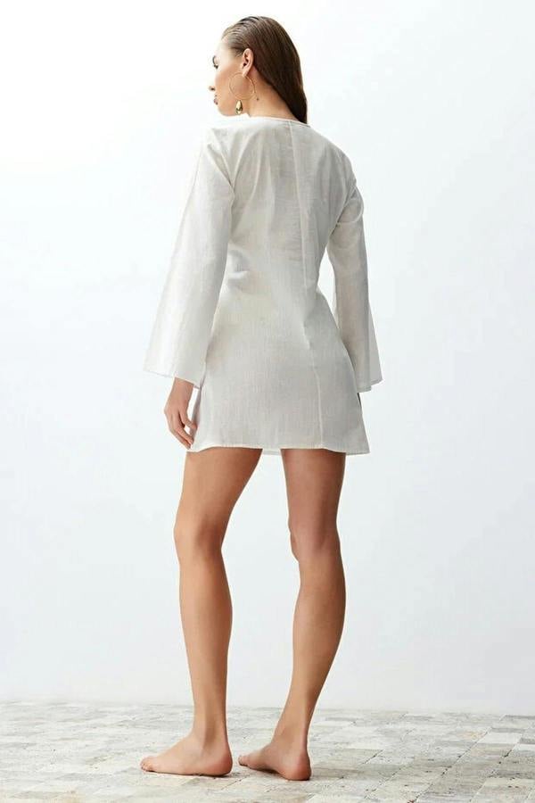 WOVCOR V Neck Long Sleeve Accessory Detail Beach Mini Dress