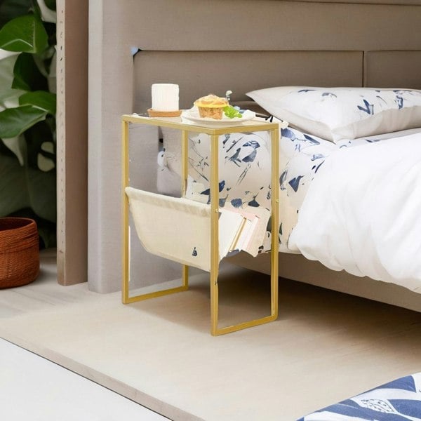Modcraft Slim Gold Side Table – Narrow Glass Sofa End Table with Fabric Magazine Holder