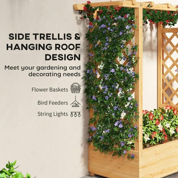 Bobobiy Garden Planter with Trellis, Wooden Raised Bed with Hanging Roof and Drainage Holes, 110 x 44 x 113 cm, Natural
