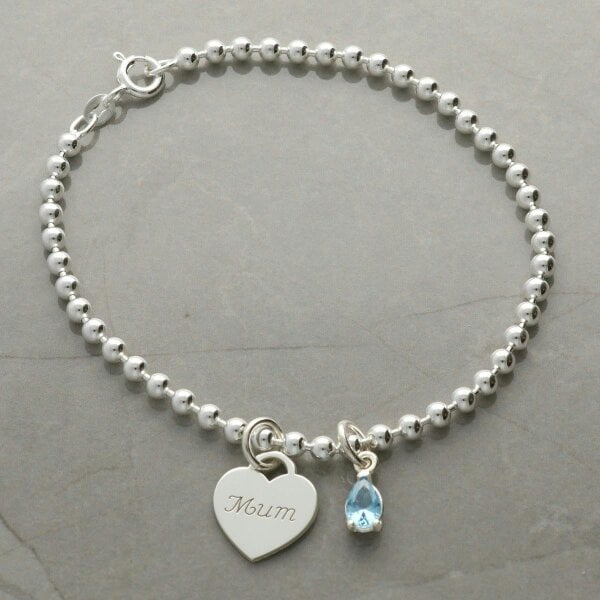 Christopher James of London Sterling Silver Bead Ball Bracelet or Anklet with Engraved Heart and Birthstone