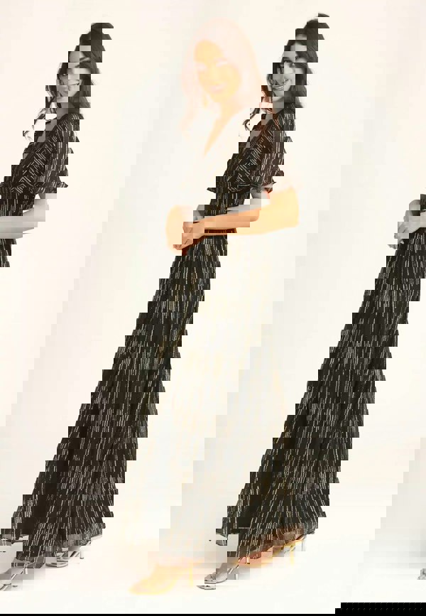 Gini London Black Stripe Foil Angel Sleeves Maxi Dress