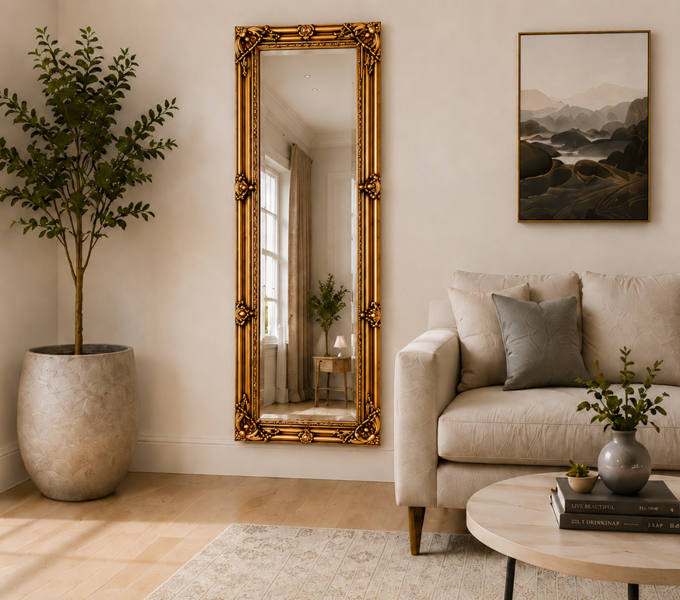 Downton Interiors Antique Gold Tall Ornate Dressing Wall Mirror with Bevelled Glass 142cm