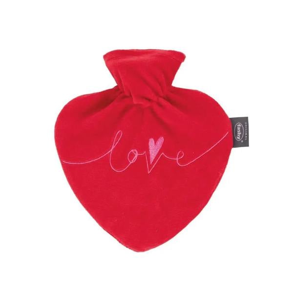Red Fashy heart-shaped hot water bottle with plush cover and love embroidery