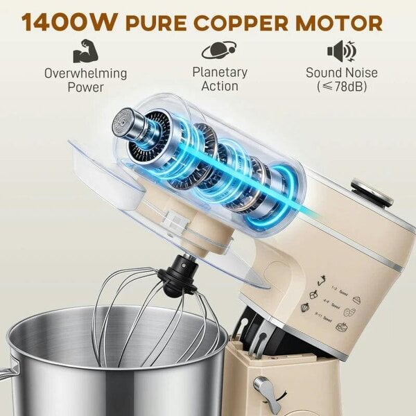 Stand Mixer, 6L 1400W Tilt-Head Food Mixer with 11 Speeds, Pulse & Fermentation Function, LED Display, Cream