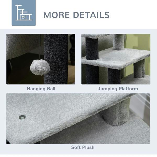 Grey cat steps detail: hanging ball toy and cushioned jumping platform