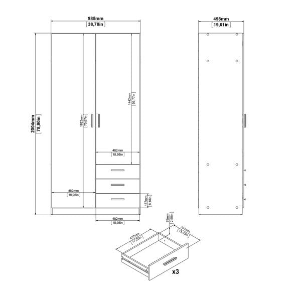 Furniture To Go Sprint Wardrobe with 2 Doors + 3 Drawers in Matt Grey