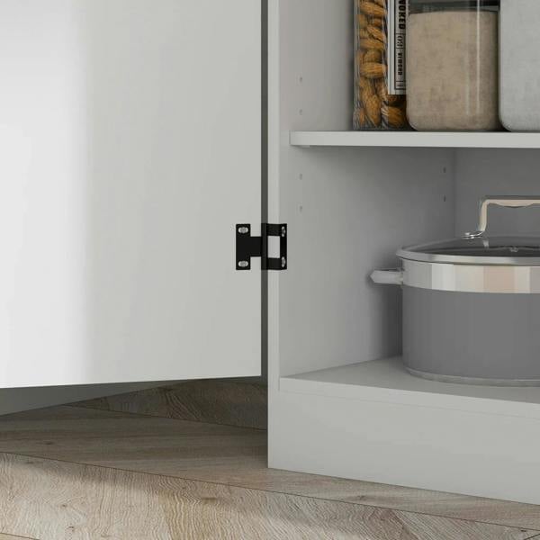 White cabinet door hinge with open lower compartment and built-in shelf