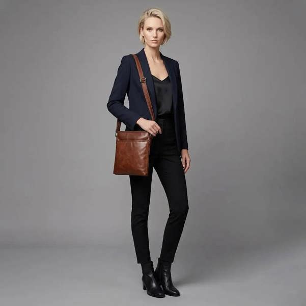 Cognac women's leather crossbody bag with secure zip closure and
multiple storage pockets.