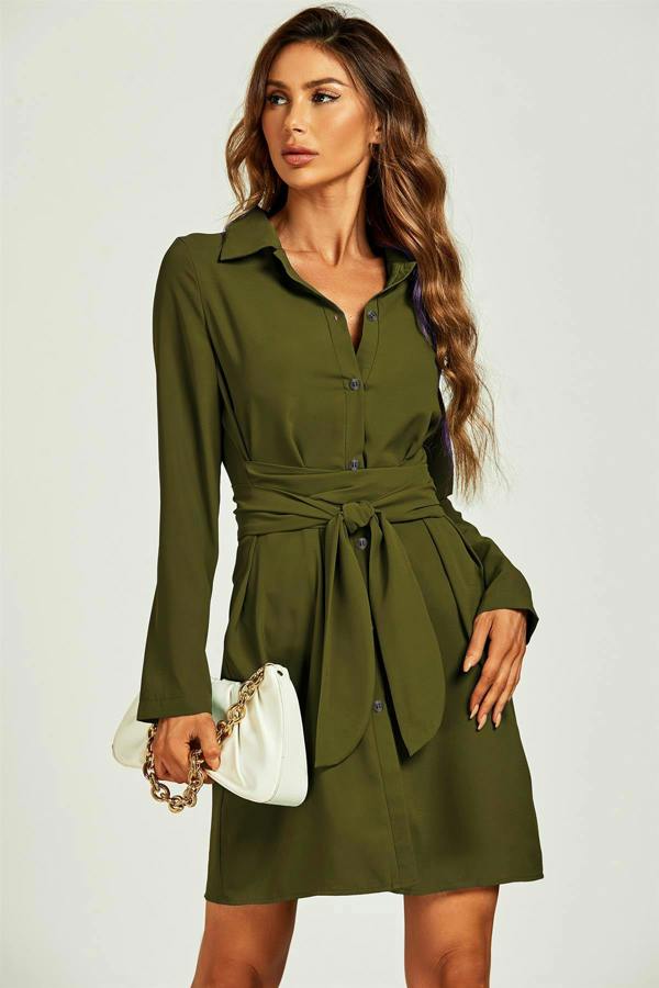 FS Collection Shirt Wrap Tie Mini Dress In Olive
