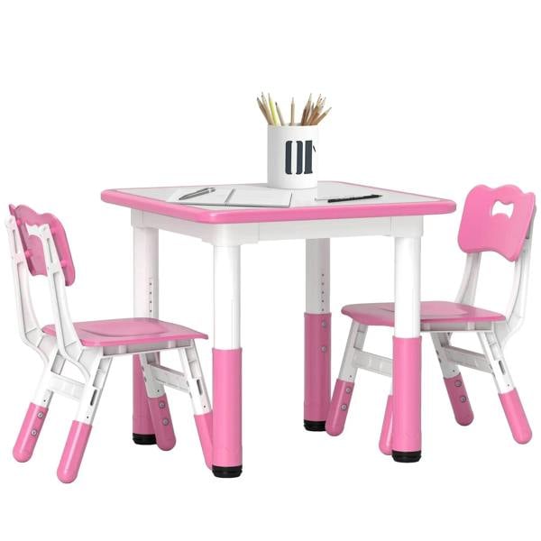 Pink toddler activity table with two height-adjustable chairs, 3-piece set