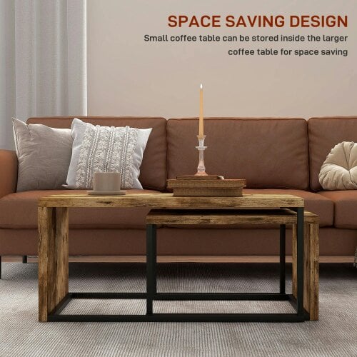 Wyld Haus Lirare Set Of 2 Industrial Nesting Side Tables Metal And Wood Rustic Brown