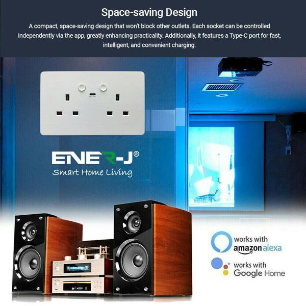 ENER-J Smart Wall Socket – WiFi Double Power Socket with USB & Type-C, Alexa & Google Compatible, 13A UK White