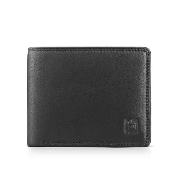 Black leather wallet with a brand logo on a white background