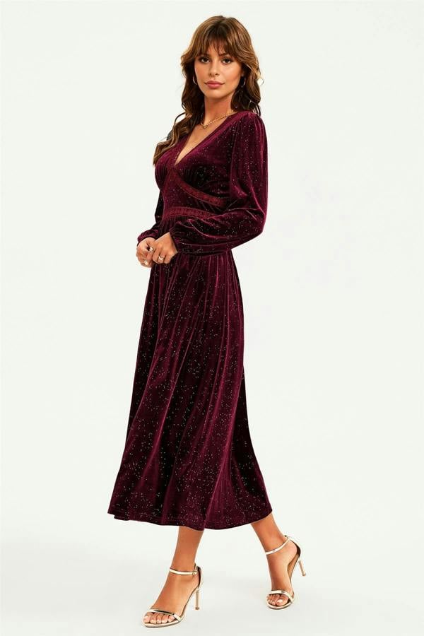FS Collection Silver Foil Velvet Lace Trim Neckline Midi Dress In Wine